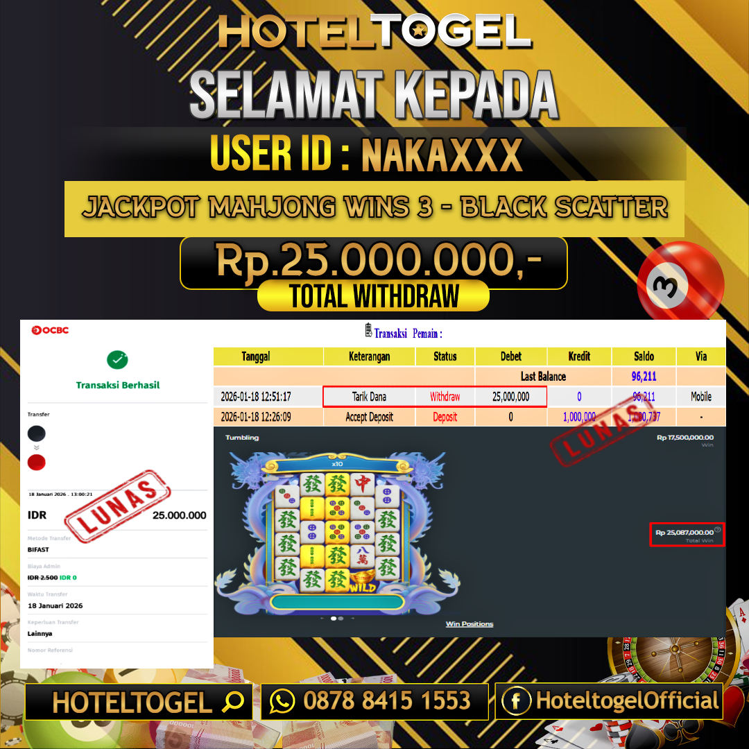 HOTELTOGEL JACKPOT SLOT MAHJONG WINS 3 - BLACK SCATTER Rp.25.000.000 - LUNAS USER ID : NAKA****