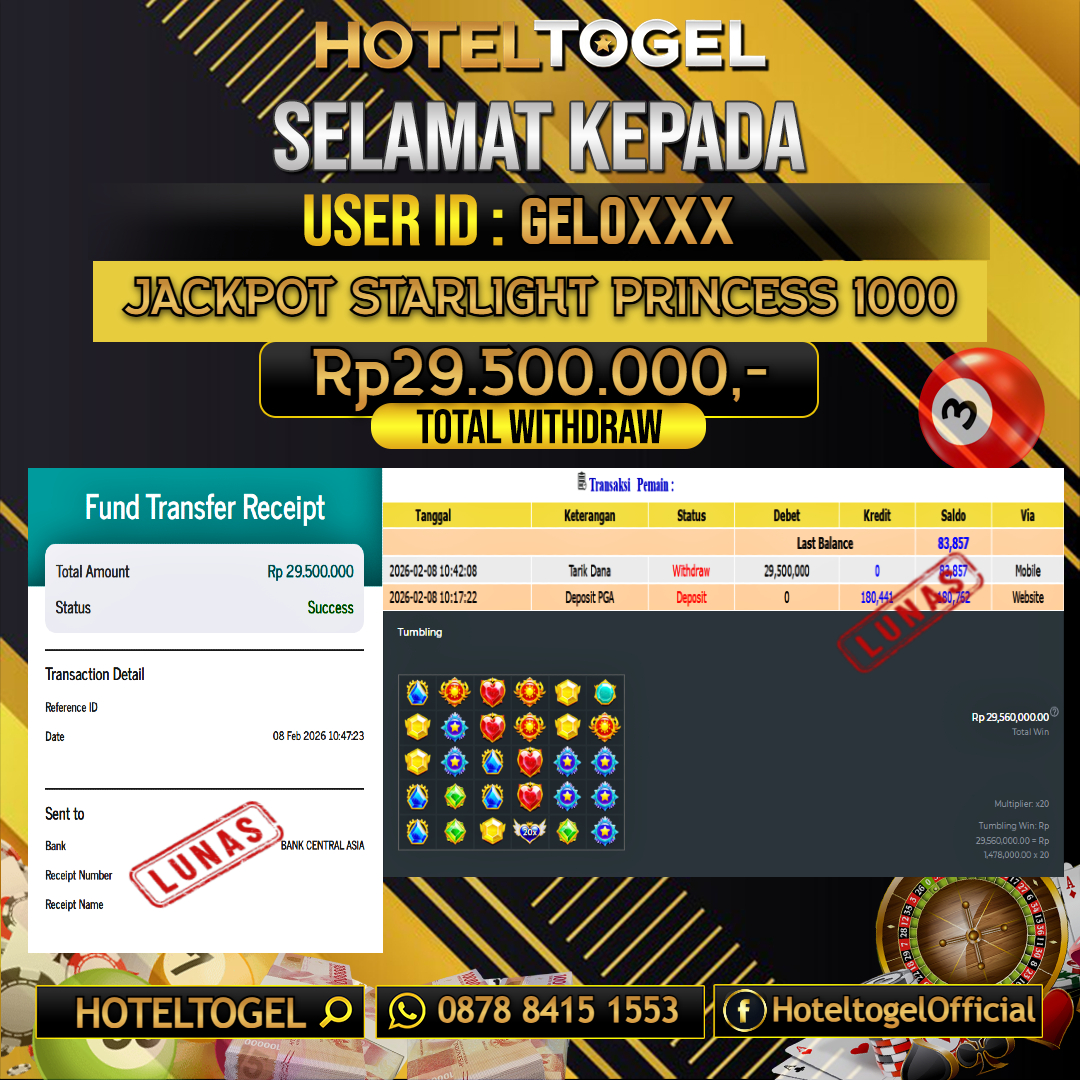 HOTELTOGEL JACKPOT SLOT STARLIGHT PRINCESS 1000 Rp.29.500.000 - LUNAS USER ID : GELO***