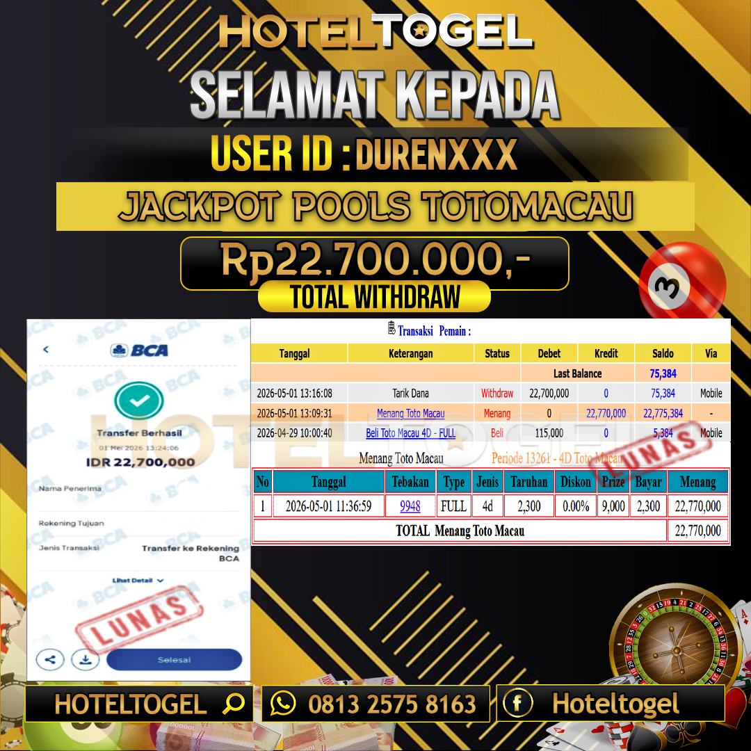 HOTELTOGEL JACKPOT TOGEL TOTOMACAU Rp.22.700.000 - LUNAS USER ID : DUREN****