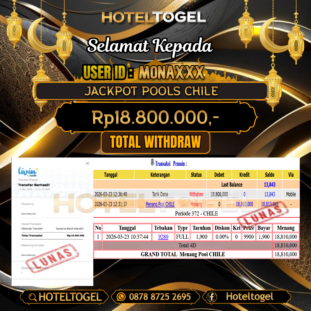 HOTELTOGEL JACKPOT TOGEL CHILE Rp.18.800.000 - LUNAS USER ID : MONA***