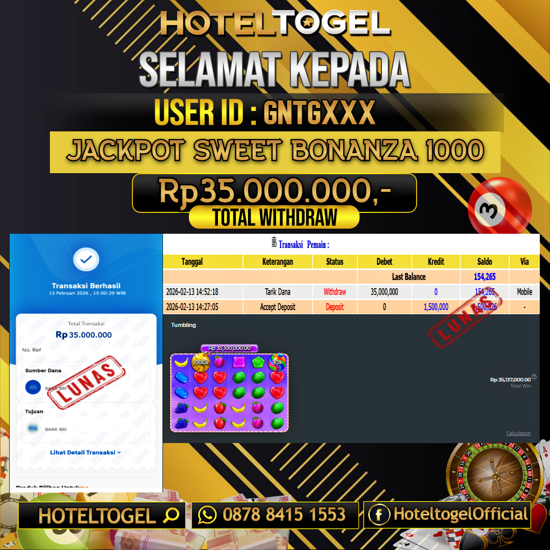 HOTELTOGEL JACKPOT SLOT SWEET BONANZA 1000 Rp.35.000.000 - LUNAS USER ID : GTNG***
