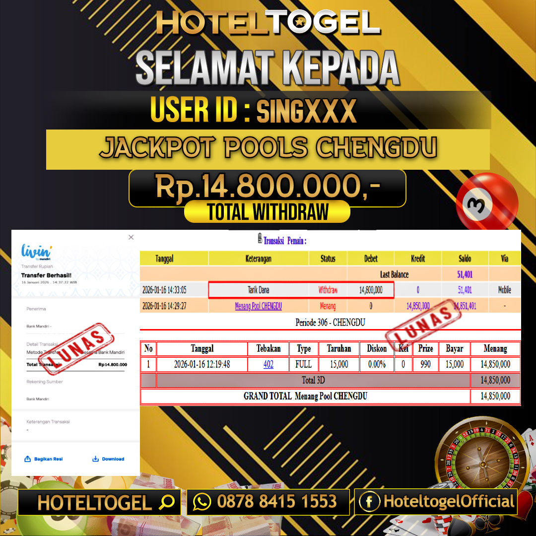 HOTELTOGEL JACKPOT TOGEL CHENGDU Rp.14.800.000 - LUNAS USER ID : SING****