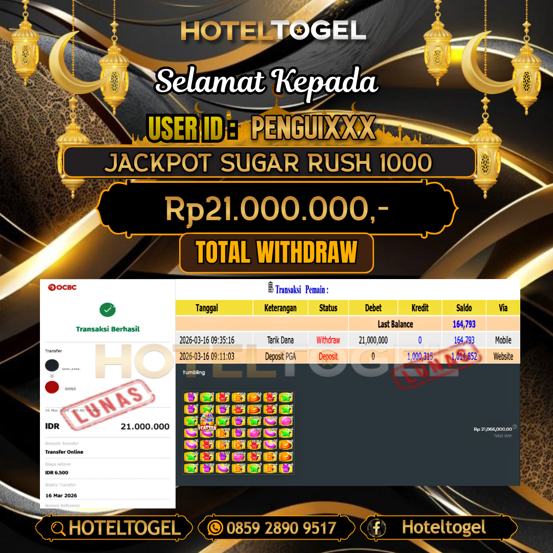 HOTELTOGEL JACKPOT SLOT SUGAR RUSH 1000 Rp.21.000.000 - LUNAS USER ID : PENGUI***