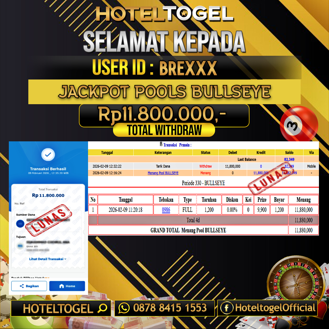 HOTELTOGEL JACKPOT TOGEL BULLSEYE Rp.11.800.000 - LUNAS USER ID : BRE***