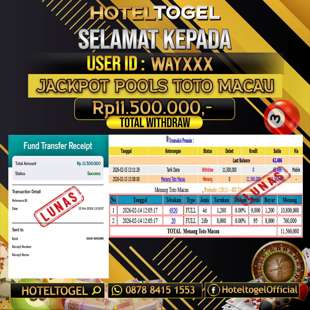 HOTELTOGEL JACKPOT TOGEL TOTO MACAU Rp.11.500.000 - LUNAS USER ID : WAY***