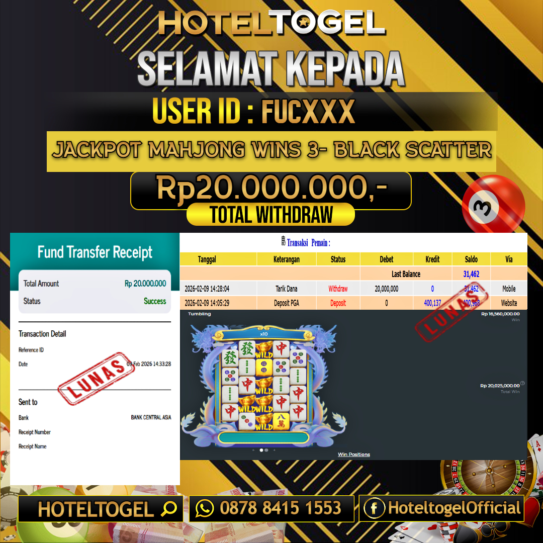 HOTELTOGEL JACKPOT SLOT MAHJONG WINS 3 - BLACK SCATTER Rp.20.000.000 - LUNAS USER ID : FUC***