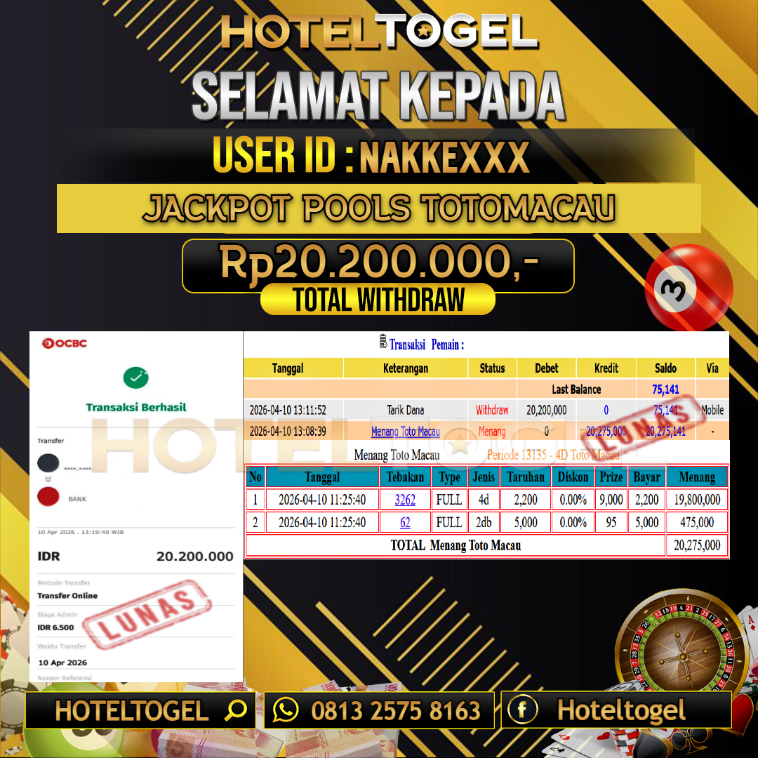HOTELTOGEL JACKPOT TOGEL TOTOMACAU Rp.20.200.000 - LUNAS USER ID : NAKKE***