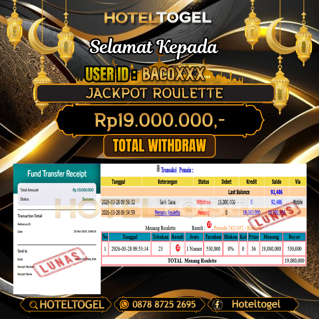 HOTELTOGEL JACKPOT CASINO ROULETTE Rp.19.000.000 - LUNAS USER ID : BACO***