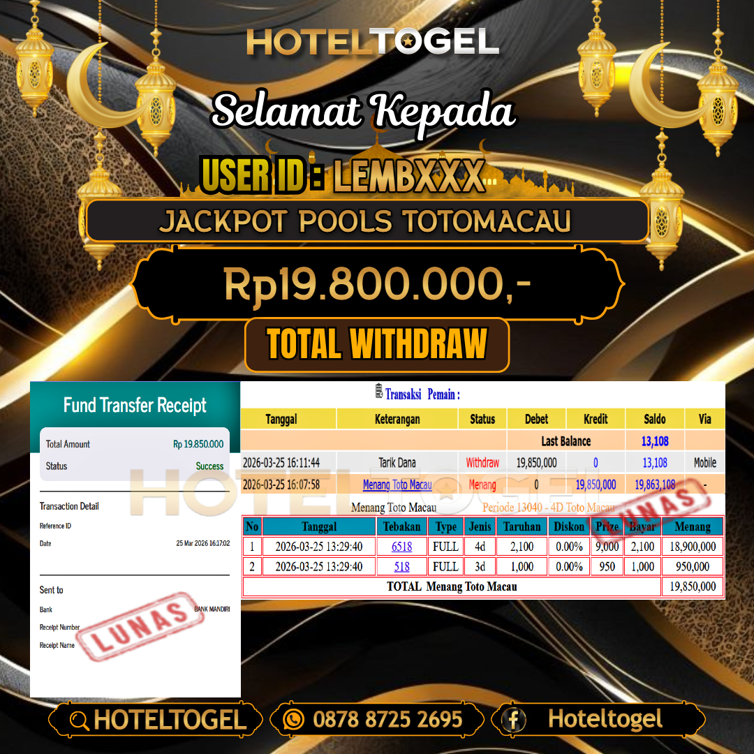 HOTELTOGEL JACKPOT POOLS TOTOMACAU Rp.19.800.000 - LUNAS USER ID : LEMB***