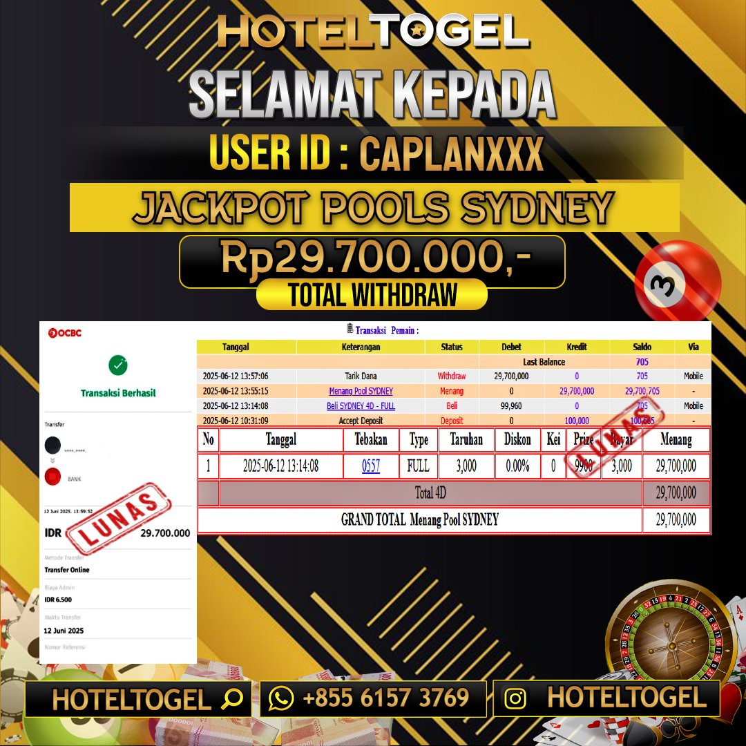 HOTELTOGEL JACKPOT TOGEL SYDNEY Rp.29.700.000 - LUNAS USER ID : CAPLAN****