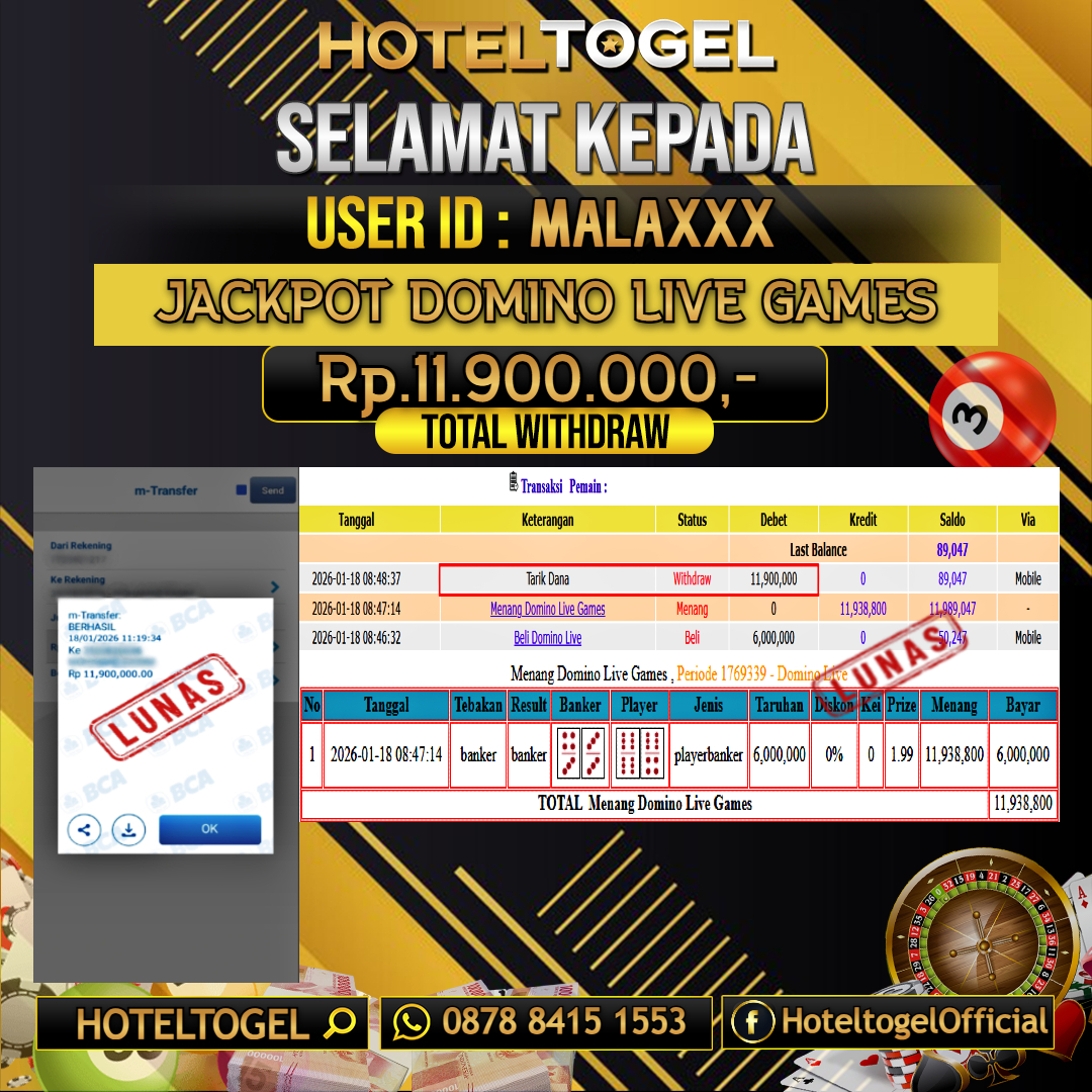 HOTELTOGEL JACKPOT CASINO DOMINO LIVE GAMES Rp.11.900.000 - LUNAS USER ID : MALA****