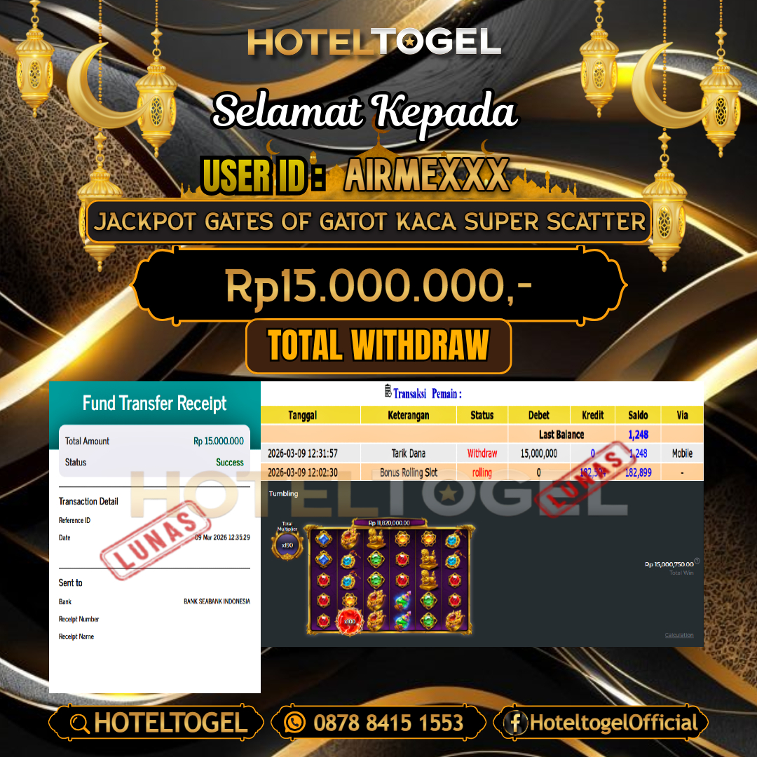 HOTELTOGEL JACKPOT SLOT GATES OF GATOT KACA SUPER SCATTER Rp.15.000.000 - LUNAS USER ID : AIRME***