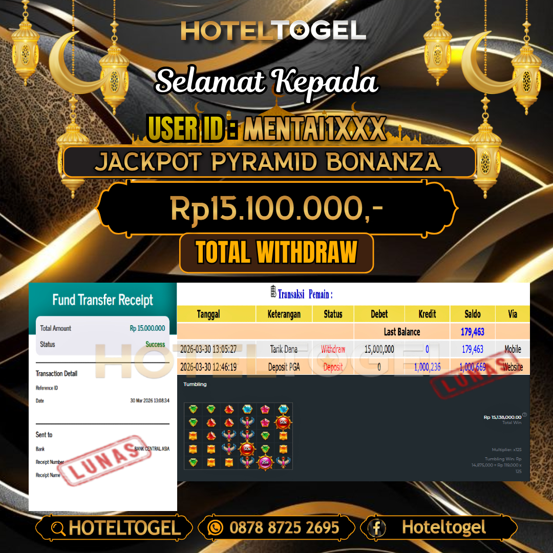 HOTELTOGEL JACKPOT SLOT PYRAMID BONANZA Rp.15.100.000 - LUNAS USER ID : MENTAI1***