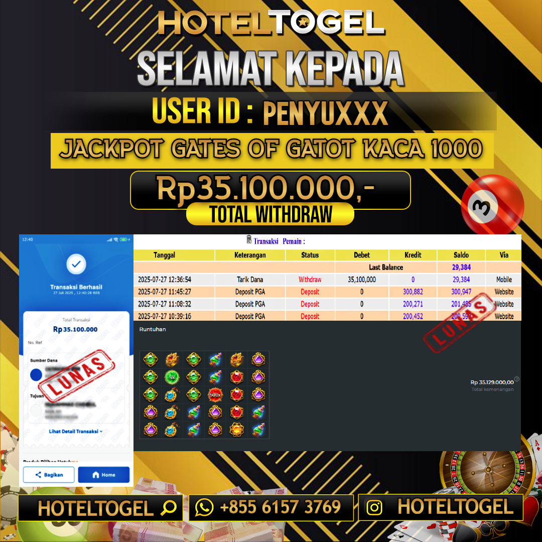 HOTELTOGEL JACKPOT SLOT GATES OF GATOT KACA 1000 Rp.35.100.000 - LUNAS USER ID : PENYU****