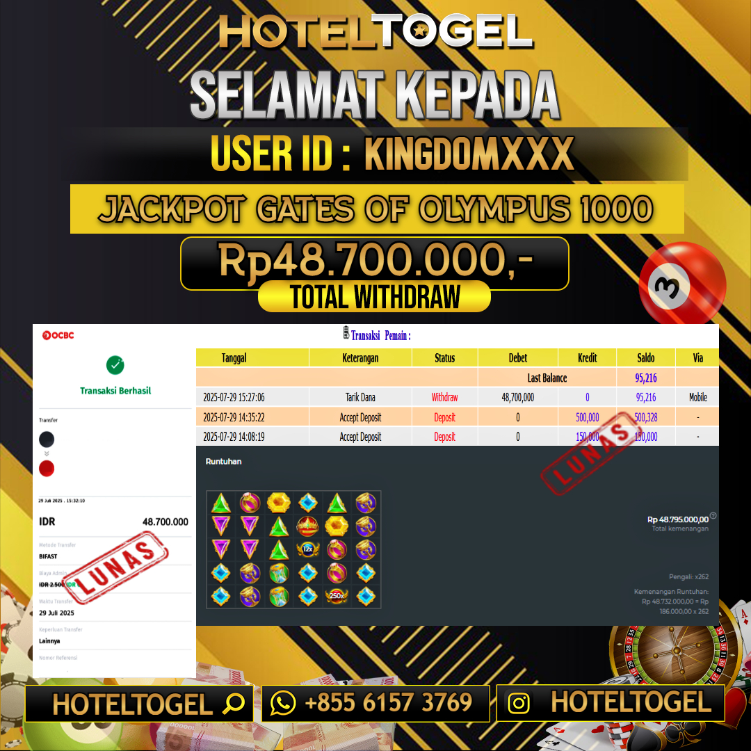 HOTELTOGEL JACKPOT SLOT GATES OF OLYMUS 1000 Rp.48.700.000 - LUNAS USER ID : KINGDOM****
