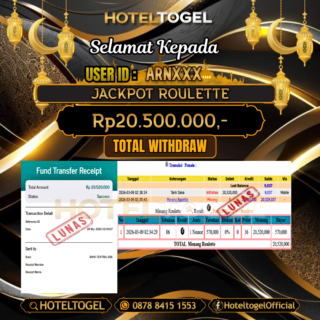 HOTELTOGEL JACKPOT  ROULETTE Rp.20.500.000 - LUNAS USER ID :  ARN***