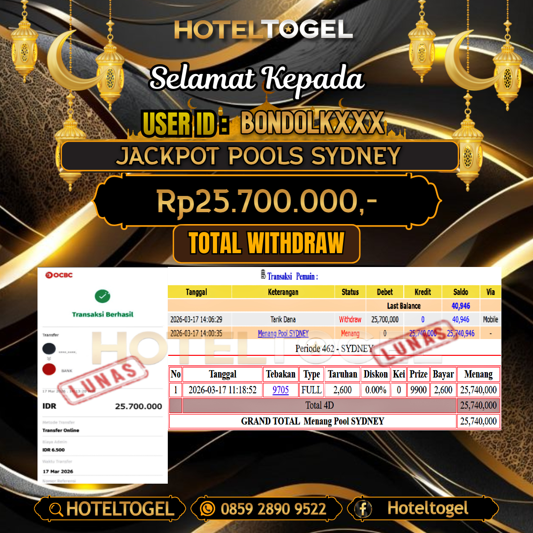 HOTELTOGEL JACKPOT TOGEL SYDNEY Rp.25.700.000 - LUNAS USER ID : BONDOLK***