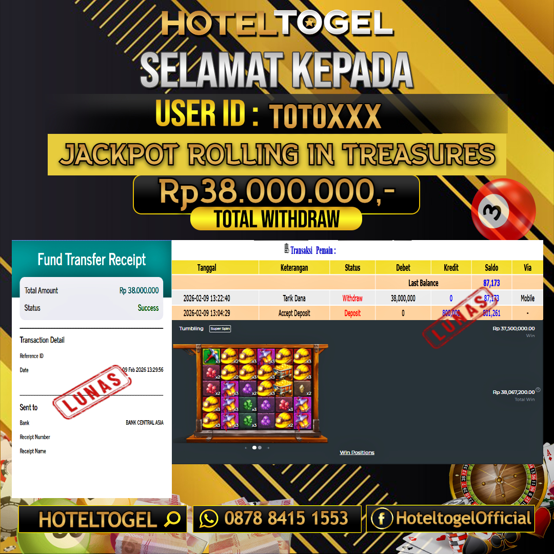 HOTELTOGEL JACKPOT SLOT ROLLING IN TREASURES Rp.38.000.000 - LUNAS USER ID : TOTO***