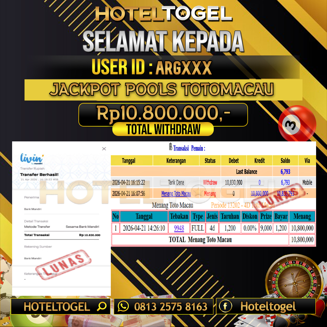 HOTELTOGEL JACKPOT TOGEL TOTOMACAU Rp.10.800.000 - LUNAS USER ID : ARG***