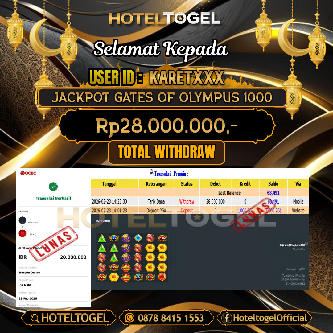 HOTELTOGEL JACKPOT SLOT GATES OF OLYMPUS 1000 Rp.28.000.000 - LUNAS USER ID : KARET***