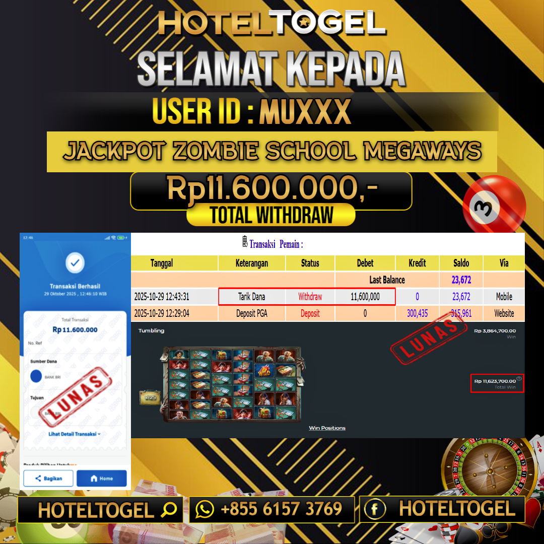 HOTELTOGEL JACKPOT SLOT ZOMBIE SCHOOL MEGAWAYS Rp.11.600.000 - LUNAS USER ID : MU***