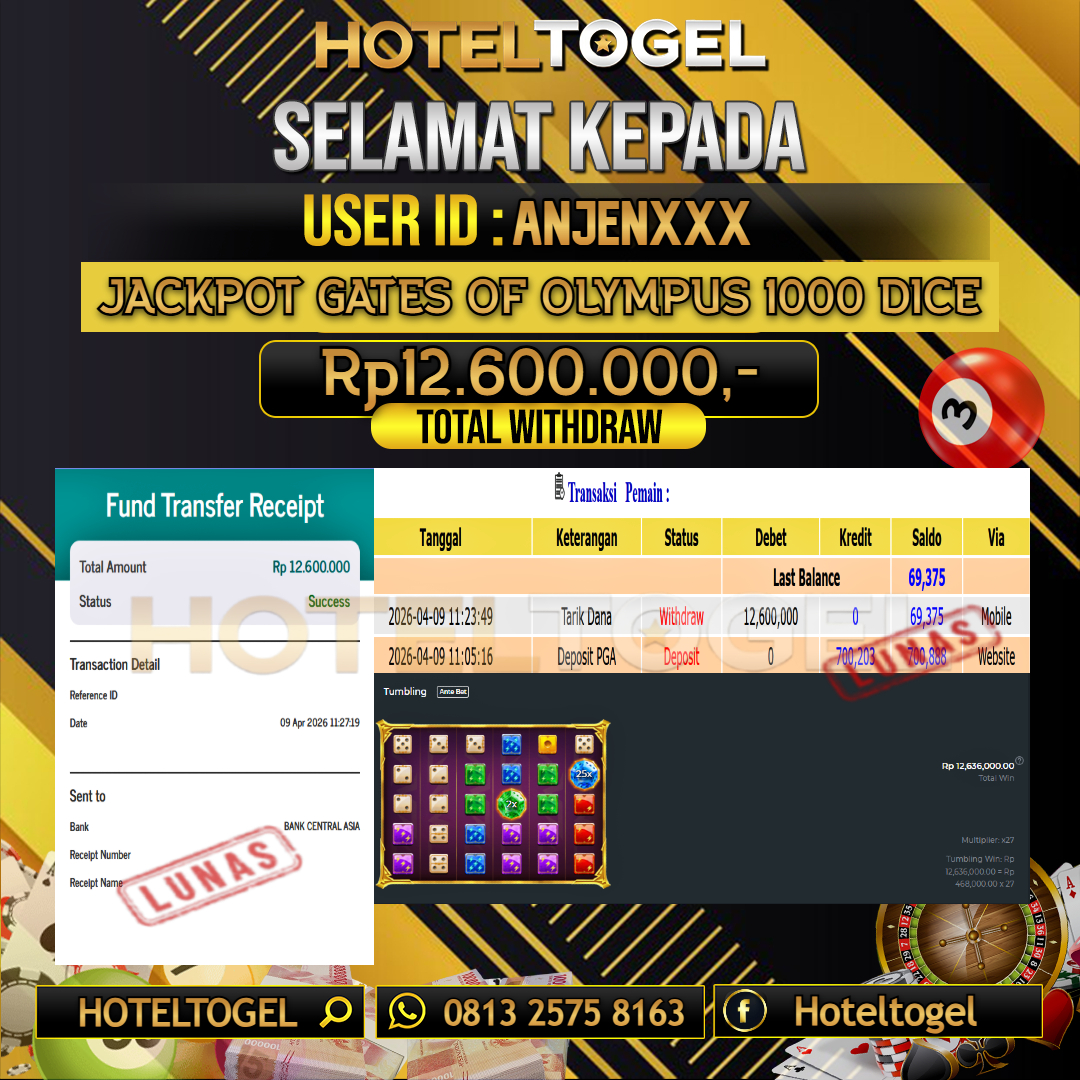 HOTELTOGEL JACKPOT SLOT GATES OF OLYMPUS 1000 DICE Rp.12.600.000 - LUNAS USER ID : ANJEN***