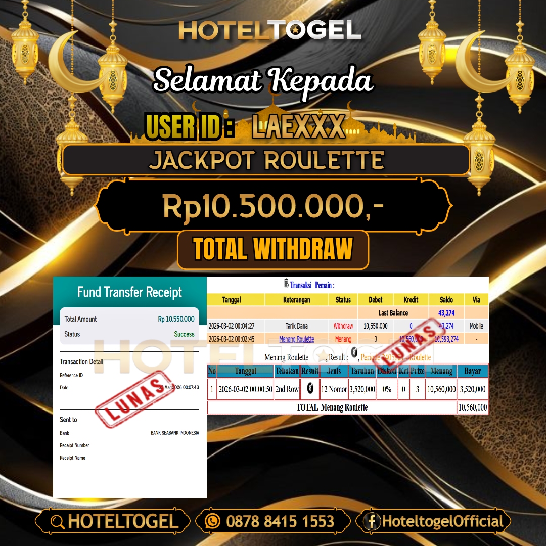 HOTELTOGEL JACKPOT CASINO ROULETTE Rp.10.500.000 - LUNAS USER ID : LAE***