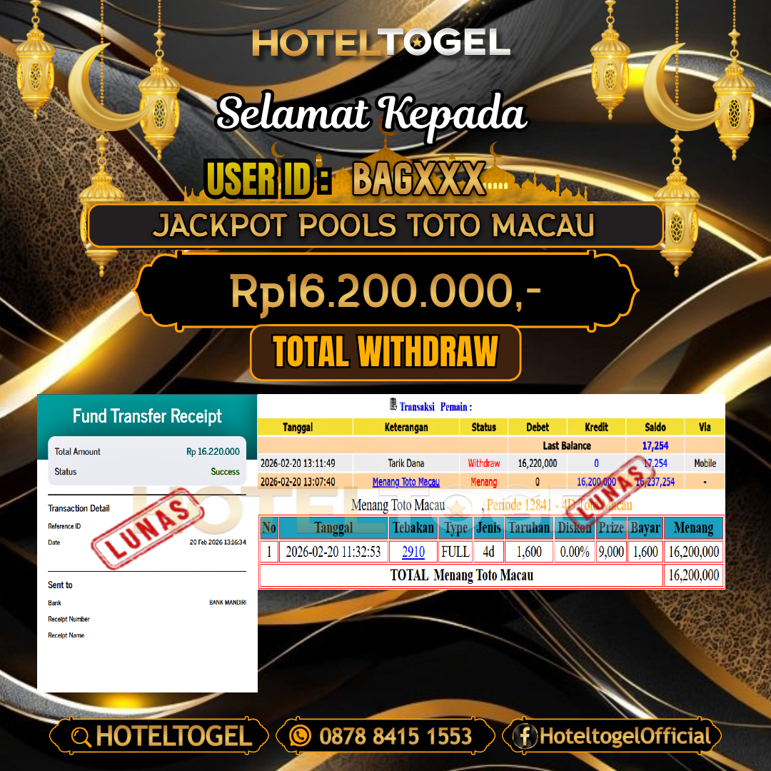 HOTELTOGEL JACKPOT TOGEL TOTO MACAU Rp.16.200.000 - LUNAS USER ID : BAG***