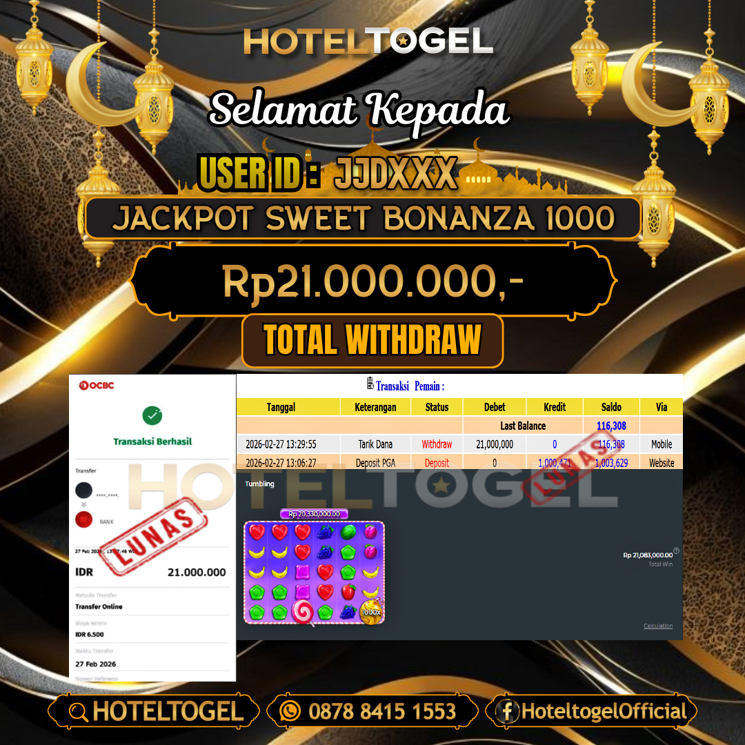 HOTELTOGEL JACKPOT SLOT SWEET BONANZA 1000 Rp.21.000.000 - LUNAS USER ID :  JJD***