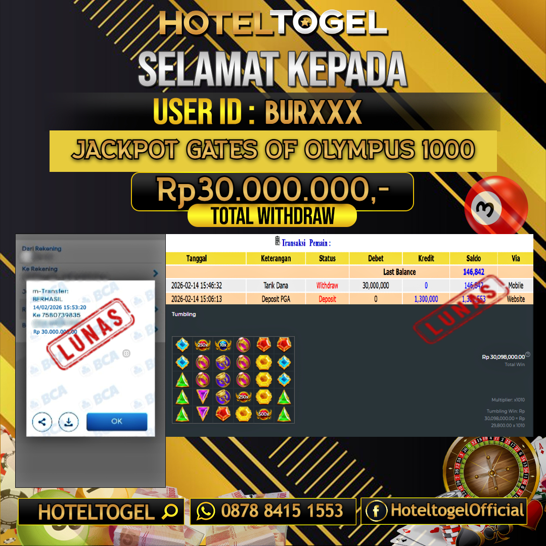 HOTELTOGEL JACKPOT SLOT GATES OF OLYMPUS 1000 Rp.30.000.000 - LUNAS USER ID : BUR***