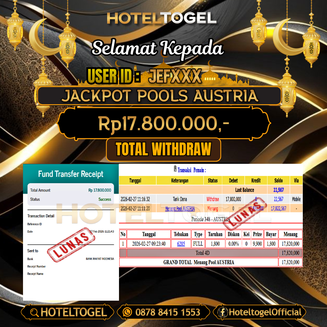 HOTELTOGEL JACKPOT TOGEL AUSTRIA Rp.17.800.000 - LUNAS USER ID : JEF***