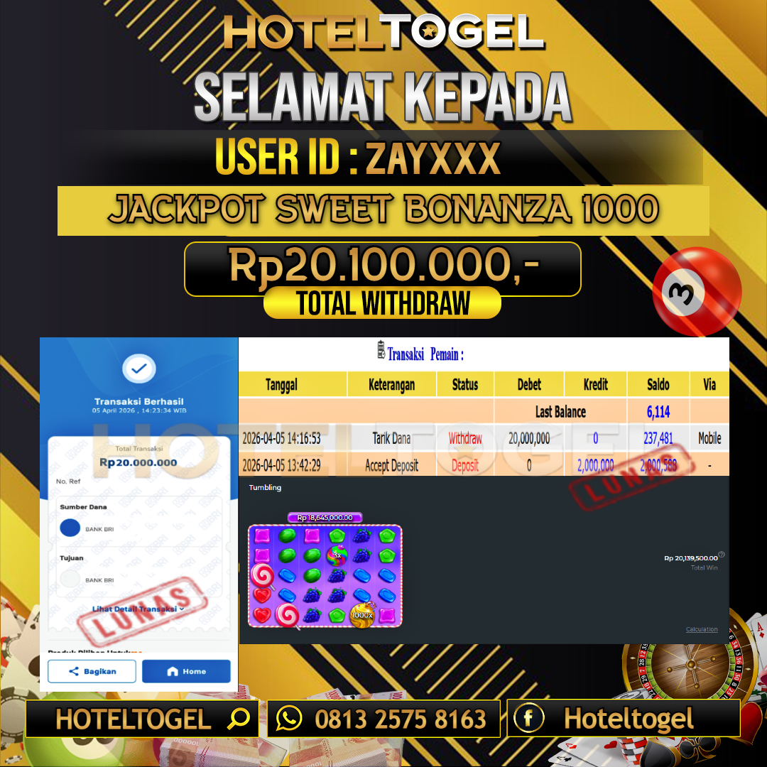 HOTELTOGEL JACKPOT SLOT SWEET BONANZA 1000 Rp.20.100.000 - LUNAS USER ID : ZAY***