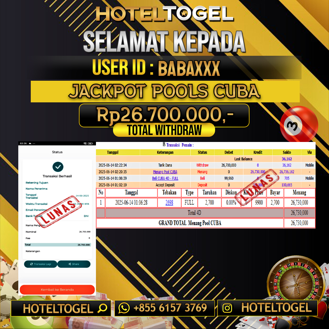 HOTELTOGEL JACKPOT TOGEL CUBA Rp.26.700.000 - LUNAS USER ID : BABA****