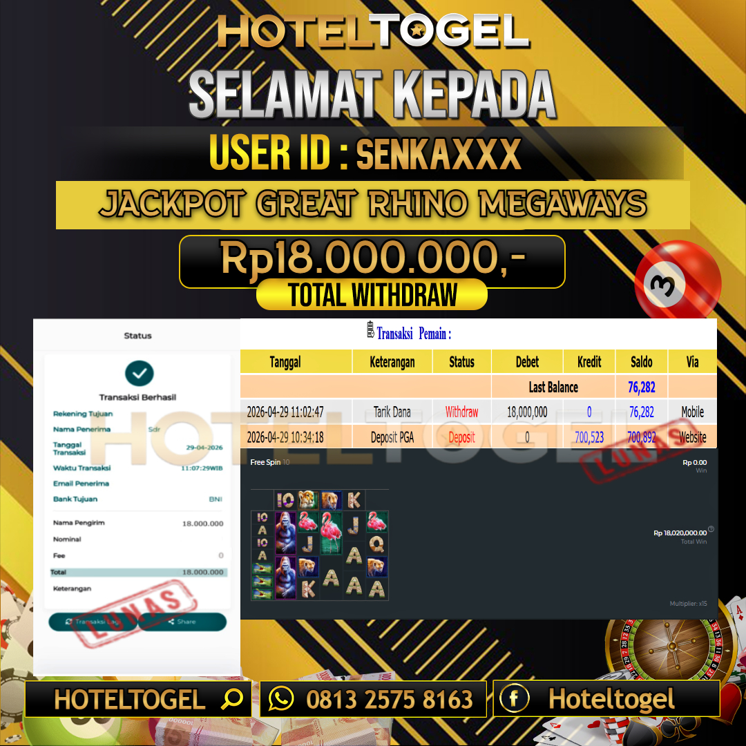 HOTELTOGEL JACKPOT SLOT GREAT RHINO MEGAWAYS Rp.18.000.000 - LUNAS USER ID : SENKA***