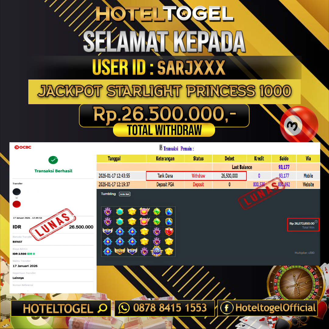 HOTELTOGEL JACKPOT SLOT STARLIGHT PRINCESS 1000 Rp.26.500.000 - LUNAS USER ID : SARJ****