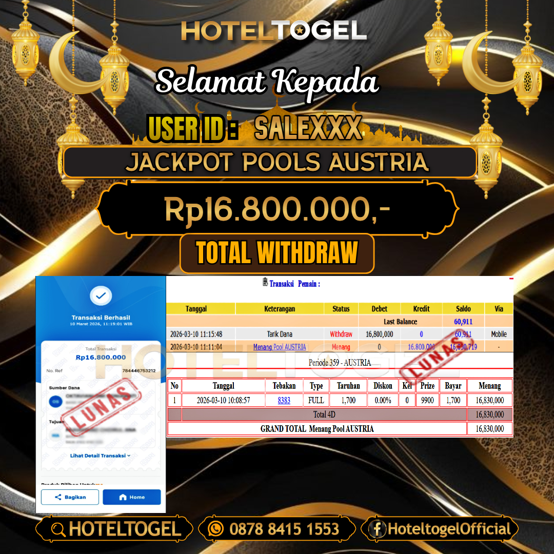 HOTELTOGEL JACKPOT TOGEL AUSTRIA Rp.16.800.000 - LUNAS USER ID :  SALE***