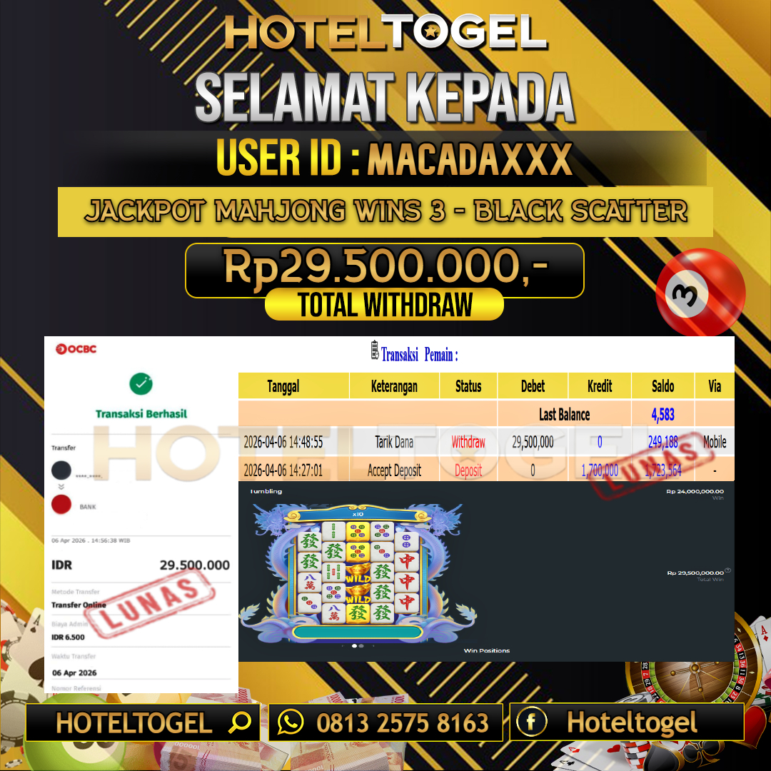HOTELTOGEL JACKPOT SLOT MAHJONG WINS 3 - BLACK SCATTER Rp.29.500.000 - LUNAS USER ID : MACADA***