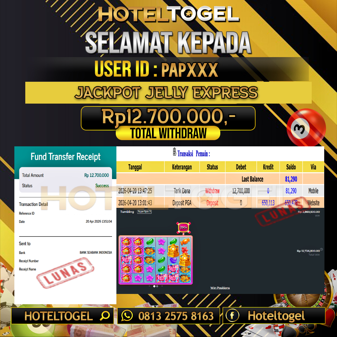 HOTELTOGEL JACKPOT SLOT JELLY EXPRESS Rp.12.700.000 - LUNAS USER ID : PAP***