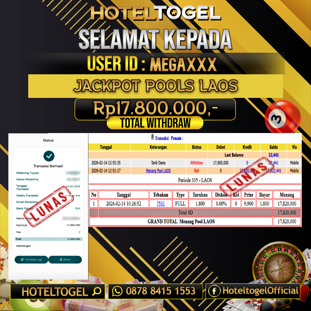 HOTELTOGEL JACKPOT TOGEL LAOS Rp.17.800.000 - LUNAS USER ID : MEGA***