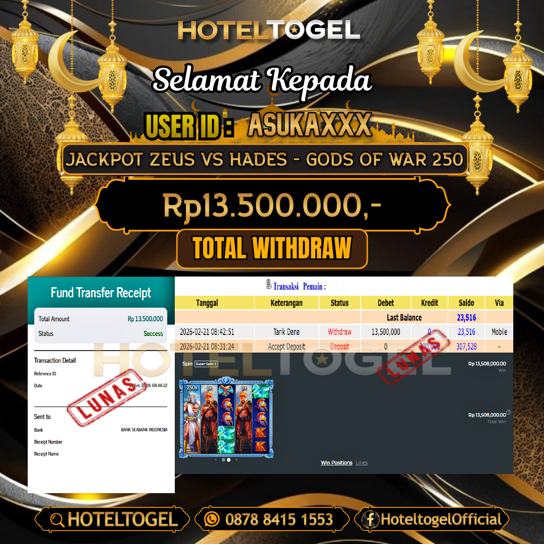 HOTELTOGEL JACKPOT SLOT ZEUS VS HADES - GODS OF WAR 250 Rp.13.500.000 - LUNAS USER ID : ASUKA***