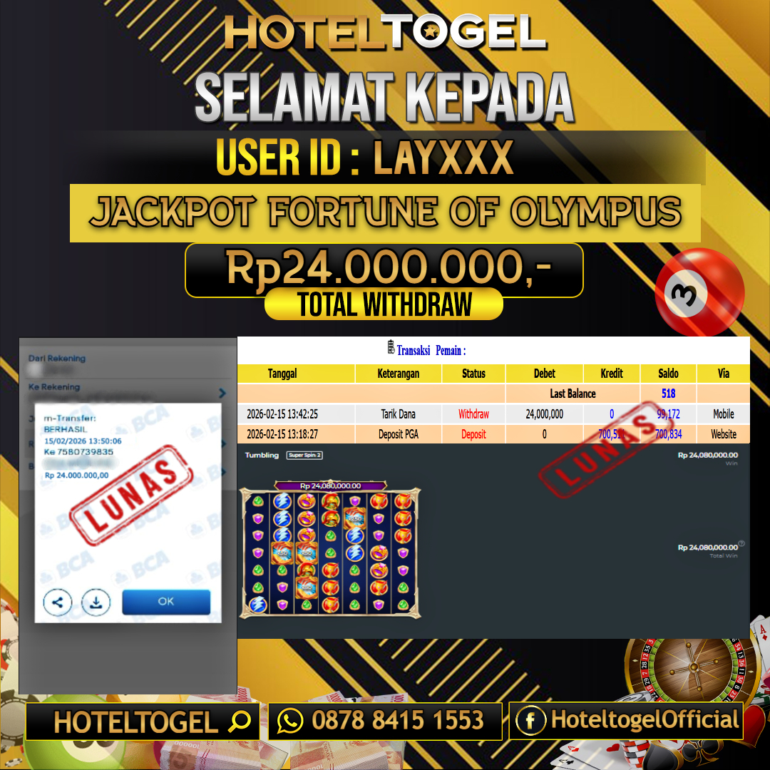 HOTELTOGEL JACKPOT SLOT FORTUNE OF OLYMPUS Rp.24.000.000 - LUNAS USER ID : LAY***