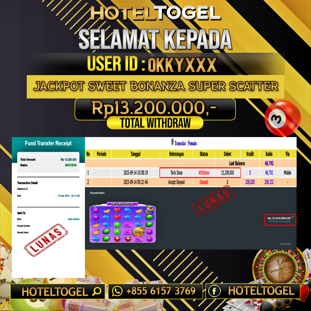 HOTELTOGEL JACKPOT SLOT SWEET BONANZA SUPER SCATTER Rp.13.200.000 - LUNAS USER ID : OKKY***