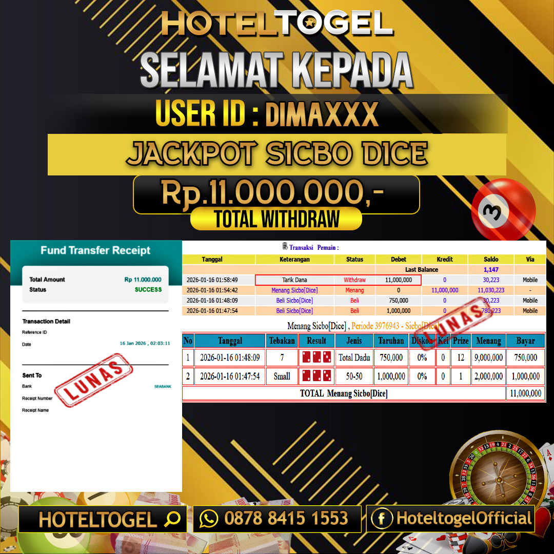 HOTELTOGEL JACKPOT CASINO SICBO DICE Rp.11.000.000 - LUNAS USER ID : DIMA****