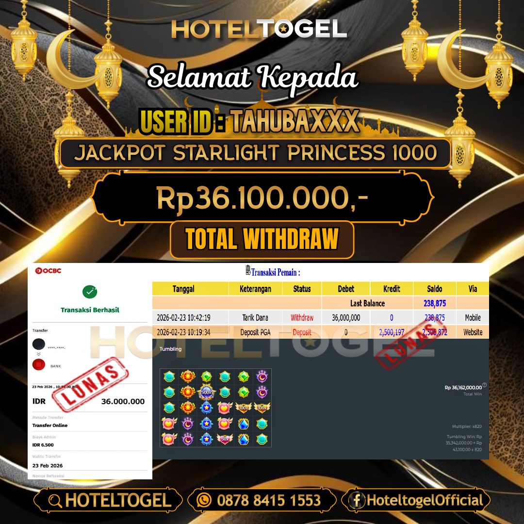 HOTELTOGEL JACKPOT SLOT STARLIGHT PRINCESS 1000 Rp.36.100.000 - LUNAS USER ID : TAHUBA***