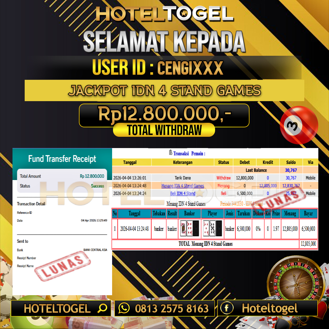 HOTELTOGEL JACKPOT CASINO IDN 4 STAND GAMES Rp.12.800.000 - LUNAS USER ID : CENGI***