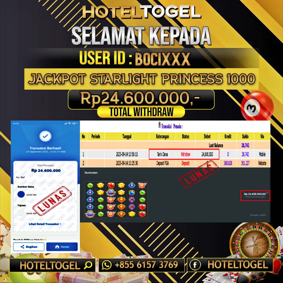 HOTELTOGEL JACKPOT STARLIGHT PRINCESS 1000 Rp.24.600.000 - LUNAS USER ID : BOCI***