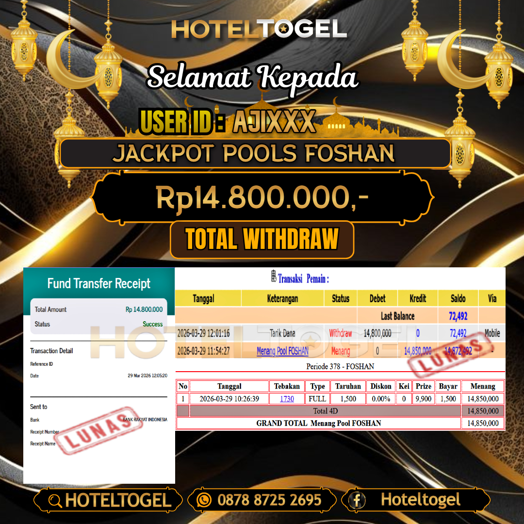 HOTELTOGEL JACKPOT TOGEL FOSHAN Rp.14.800.000 - LUNAS USER ID : AJI***