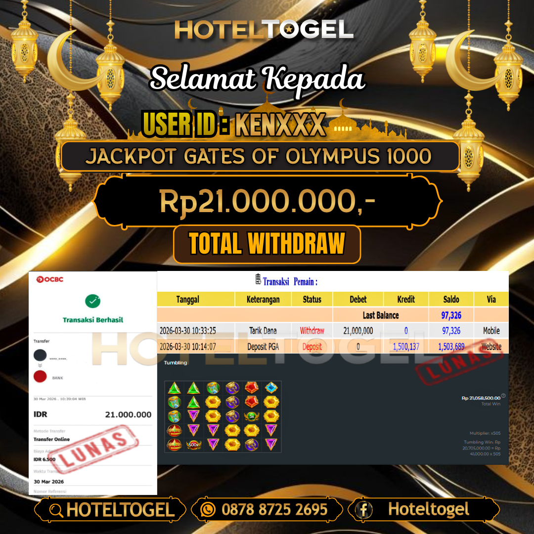 HOTELTOGEL JACKPOT SLOT GATES OF OLYMPUS 1000 Rp.21.000.000 - LUNAS USER ID : KEN***