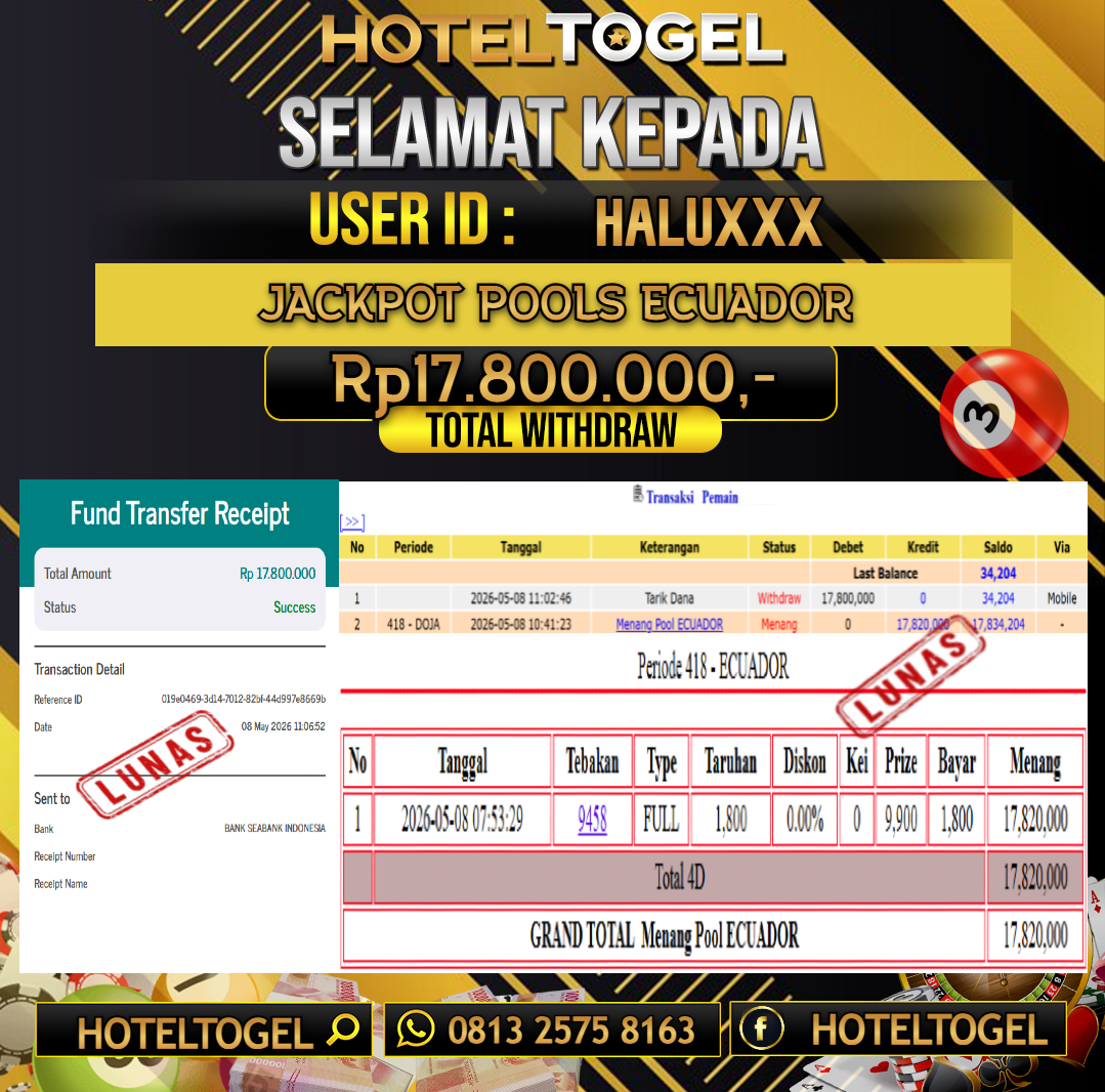 HOTELTOGEL JACKPOT TOGEL ECUADOR Rp.17.800.000 - LUNAS USER ID : HALU****