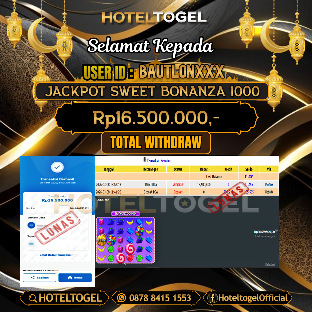 HOTELTOGEL JACKPOT SLOT SWEET BONANZA 1000 Rp.16.500.000 - LUNAS USER ID : BAUTLON***